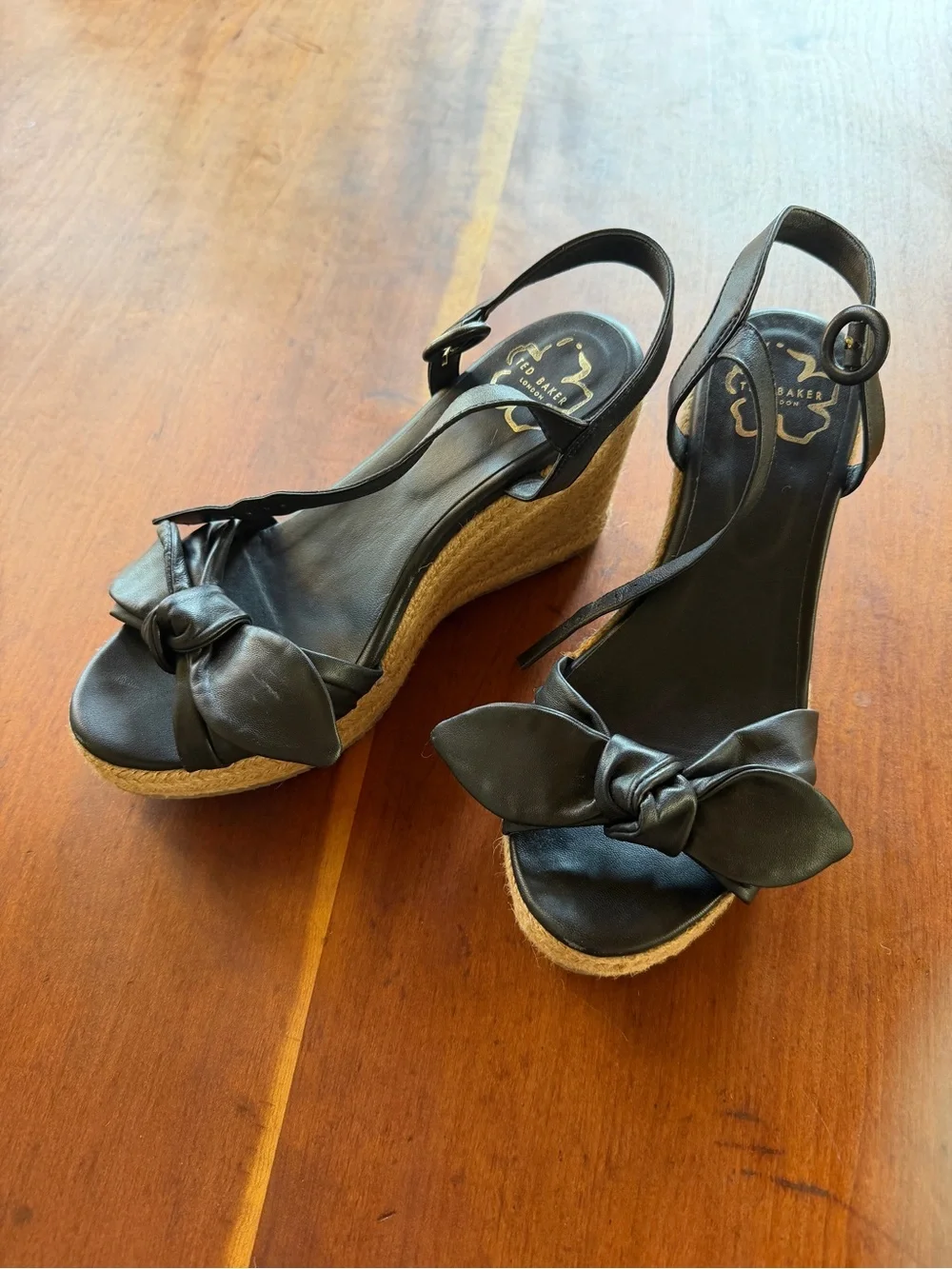 Ted Baker Bryanah Black Leather Bow Espadrille Wedges - Size EU 40 (fits 9/9.5)